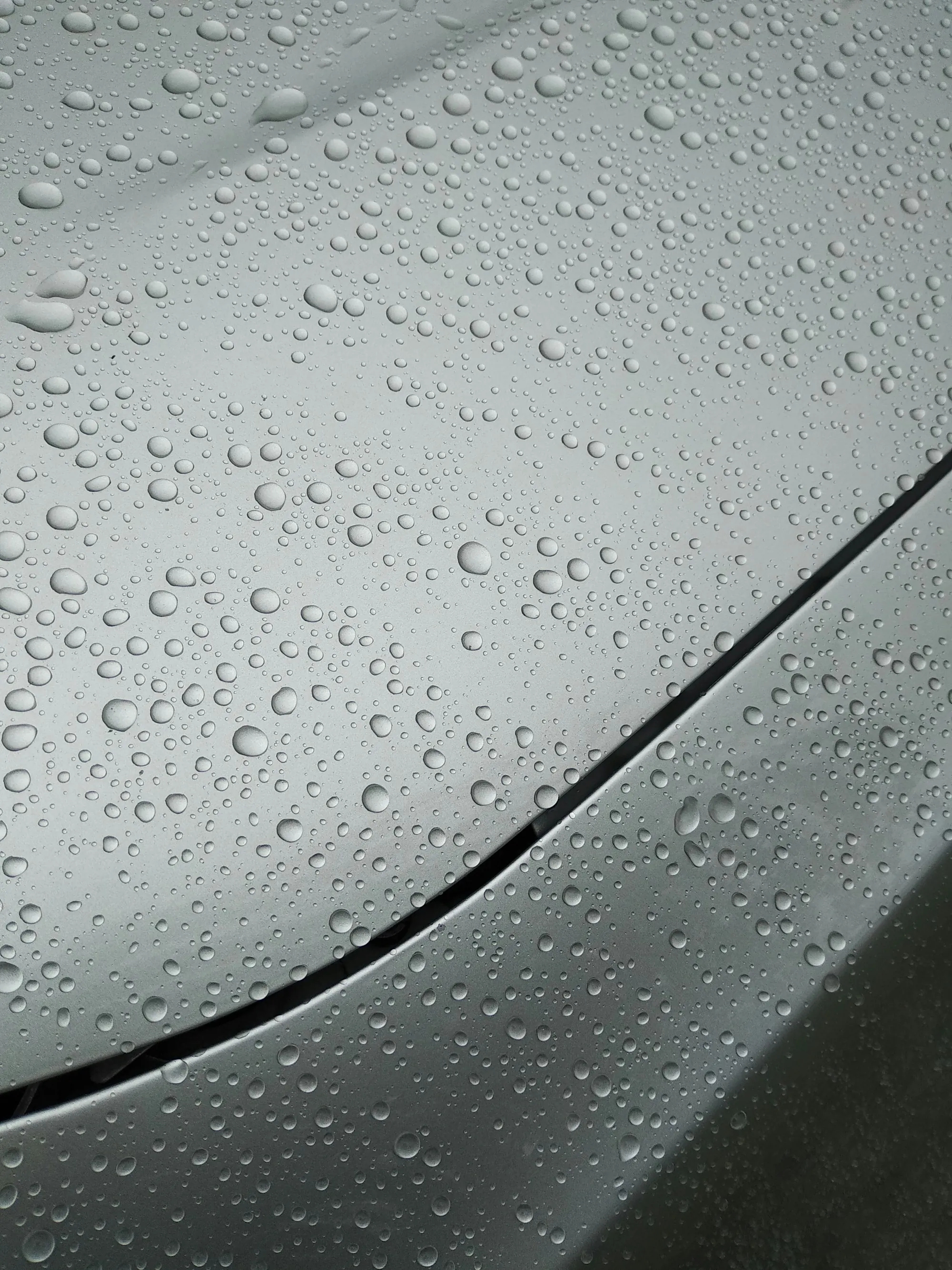 Water droplets beaded on a car's silver paint
